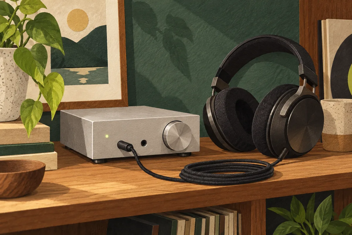 Illustration of a headphone amplifier and wired headphones on a desk