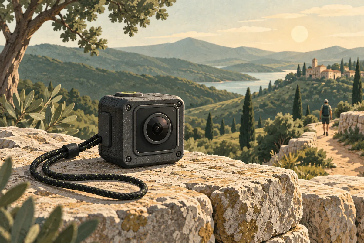Illustration of a small action camera beside a mountain trail