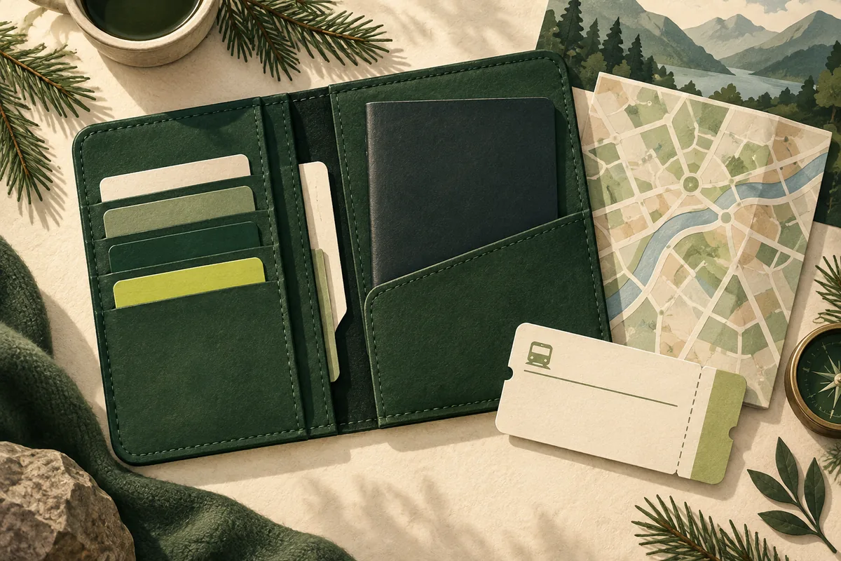 Illustration of a green passport wallet on a folded map